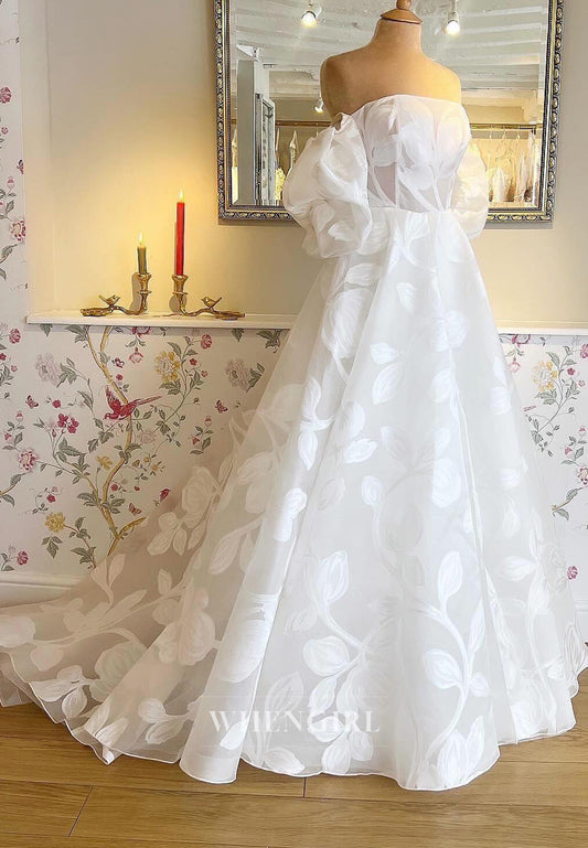 A-Line Off Shoulder Detachable Short Puff Sleeves Sweep Train Wedding Dress