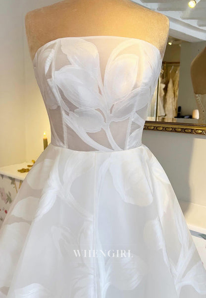 A-Line Off Shoulder Detachable Short Puff Sleeves Sweep Train Wedding Dress