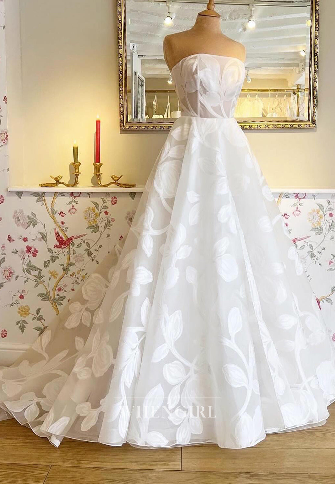A-Line Off Shoulder Detachable Short Puff Sleeves Sweep Train Wedding Dress