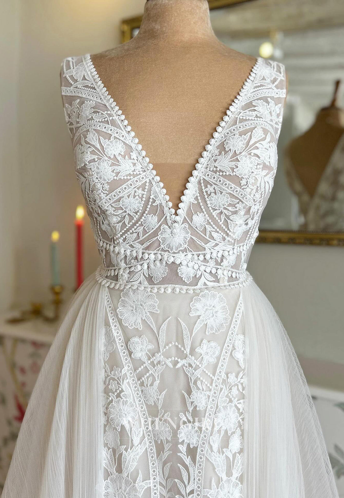 V Neck Sleeveless Appliqued Lace Sweep Train Sheath Boho Wedding Dress