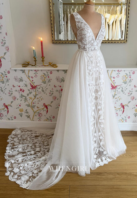 V Neck Sleeveless Appliqued Lace Sweep Train Sheath Boho Wedding Dress