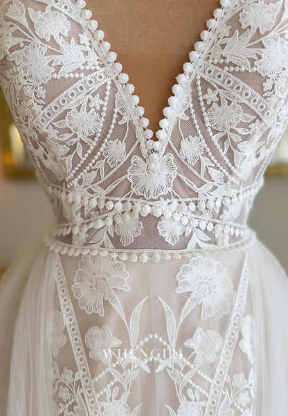 V Neck Sleeveless Appliqued Lace Sweep Train Sheath Boho Wedding Dress