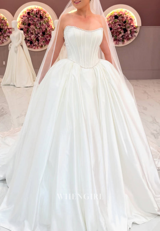 Strapless Sleeveless Beaded Bateau Neck Ball Gown Wedding Dress with Train