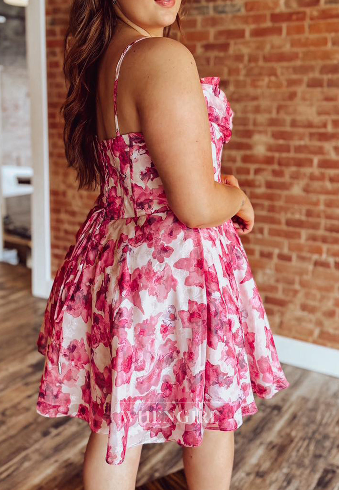 A-Line Floral Sweetheart Spaghetti Straps Pleated Lace Up Short Homecoming Dress