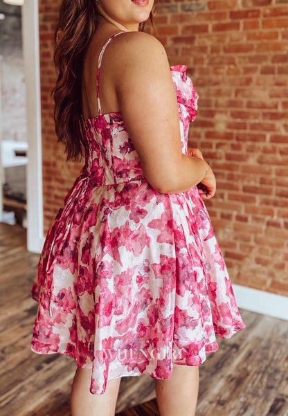 A-Line Floral Sweetheart Spaghetti Straps Pleated Lace Up Short Homecoming Dress