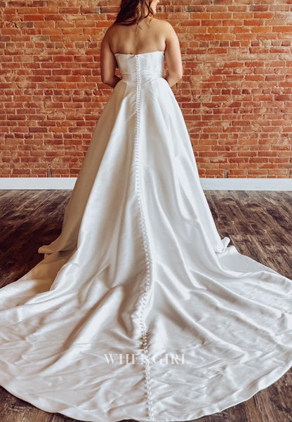 A-Line Beaded V Neck Sleeveless Court Train Back Zipper Wedding Dress