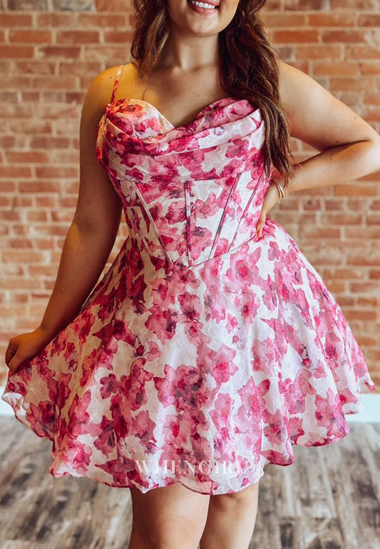 A-Line Floral Sweetheart Spaghetti Straps Pleated Lace Up Short Homecoming Dress