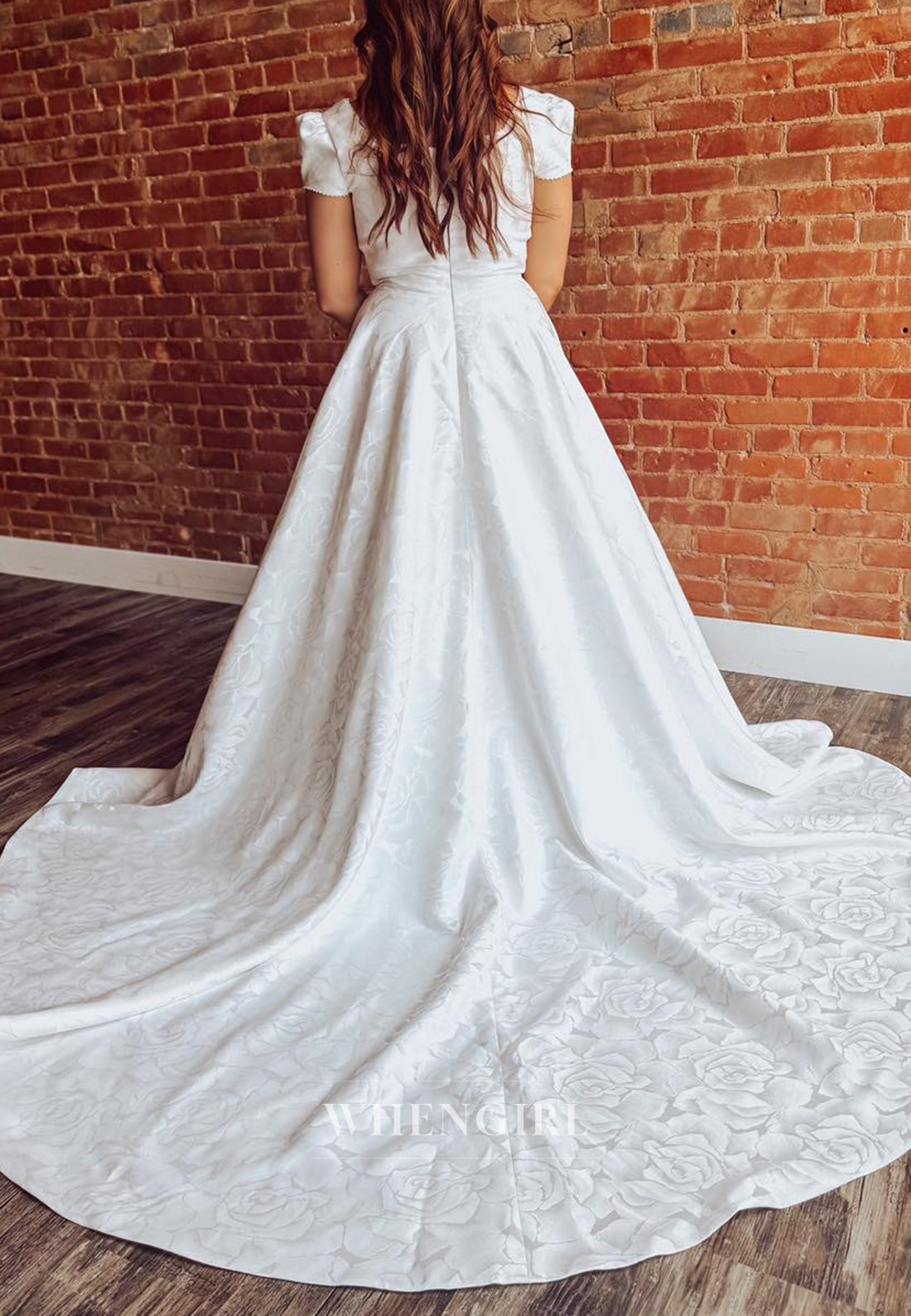 A-Line Square Neck Short Puff Sleeves Court Train Back Zipper Wedding Dress