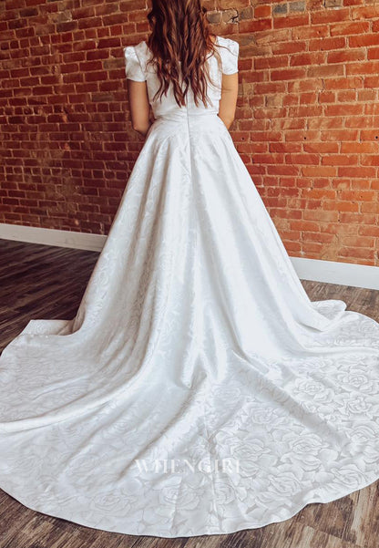 A-Line Square Neck Short Puff Sleeves Court Train Back Zipper Wedding Dress