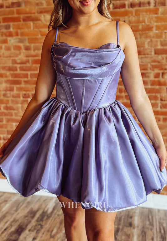 Violet A-Line Pleated Spaghetti Straps Sleeveless Lace Up Short Homecoming Dress