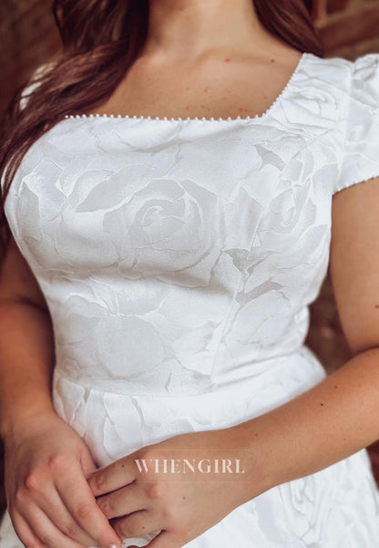 A-Line Square Neck Short Puff Sleeves Court Train Back Zipper Wedding Dress