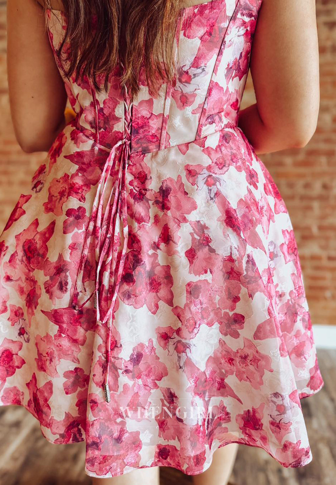 A-Line Floral Sweetheart Spaghetti Straps Pleated Lace Up Short Homecoming Dress