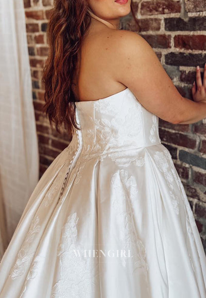 A-Line Strapless Sleeveless Appliqued Chapel Train Wedding Dress