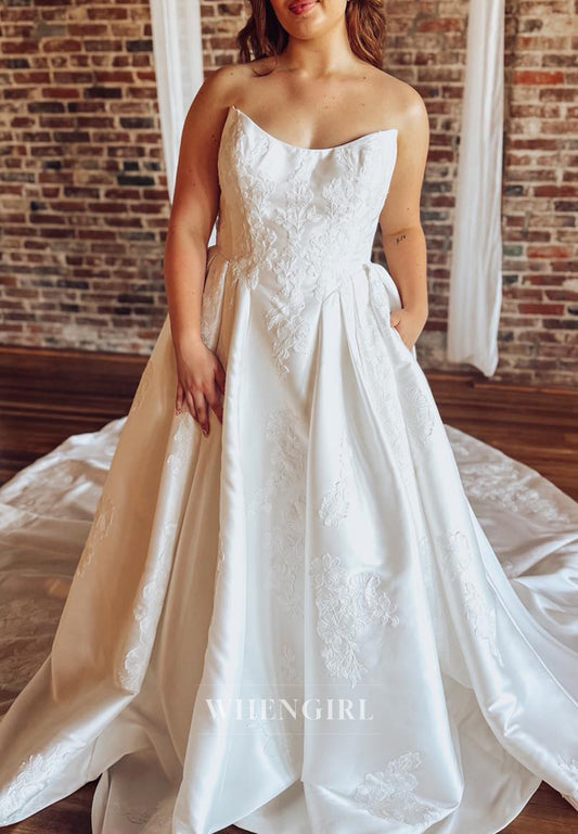 A-Line Strapless Sleeveless Appliqued Chapel Train Wedding Dress