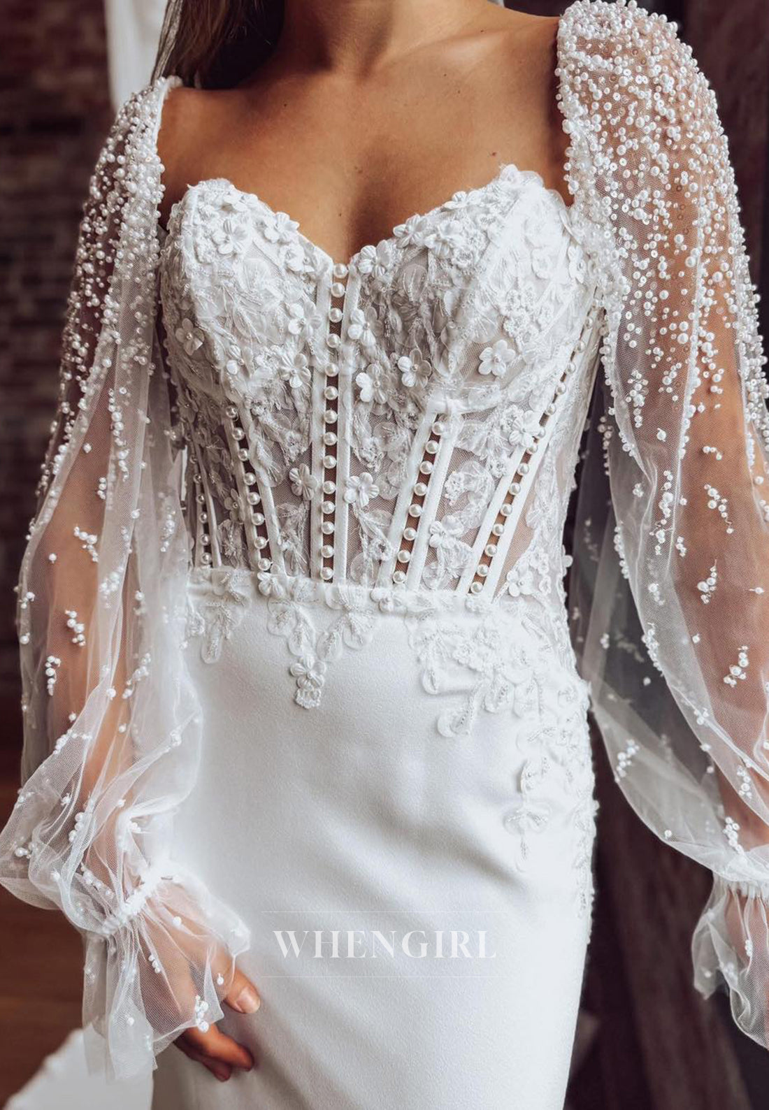 Column Sweetheart Appliqued Court Train Beaded Long Sleeves Wedding Dress