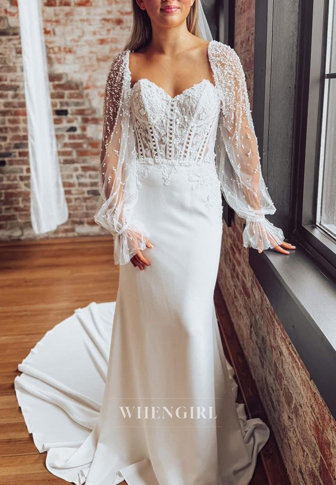 Column Sweetheart Appliqued Court Train Beaded Long Sleeves Wedding Dress