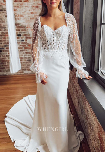 Column Sweetheart Appliqued Court Train Beaded Long Sleeves Wedding Dress