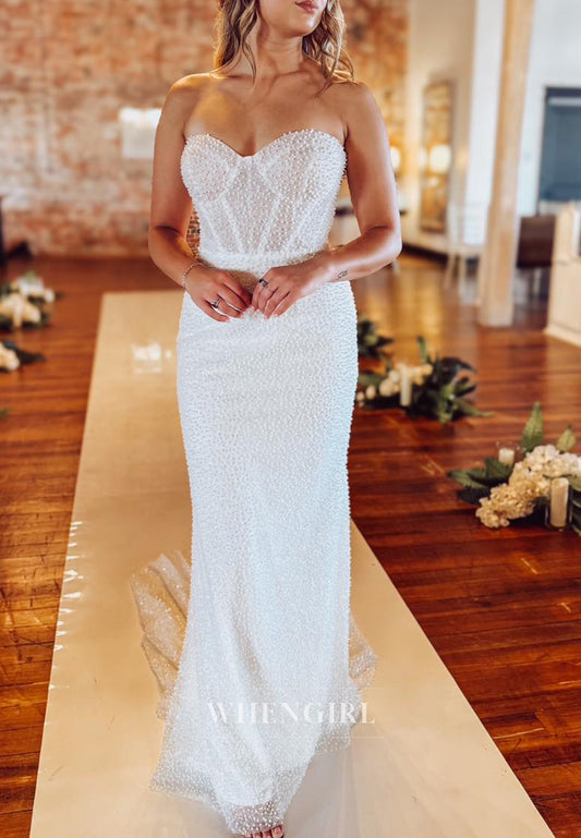 Column Back Zipper Sweetheart Sleeveless Full Pearls Beaded Wedding Dress