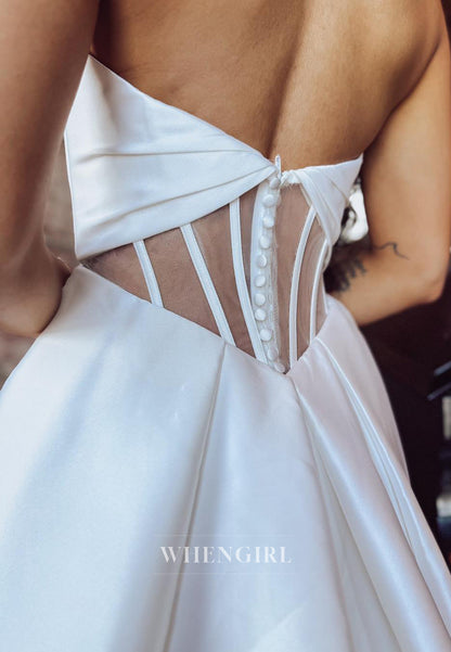 A-Line Satin Sweetheart Sleeveless Buttons Straps Wedding Dress with Court Train