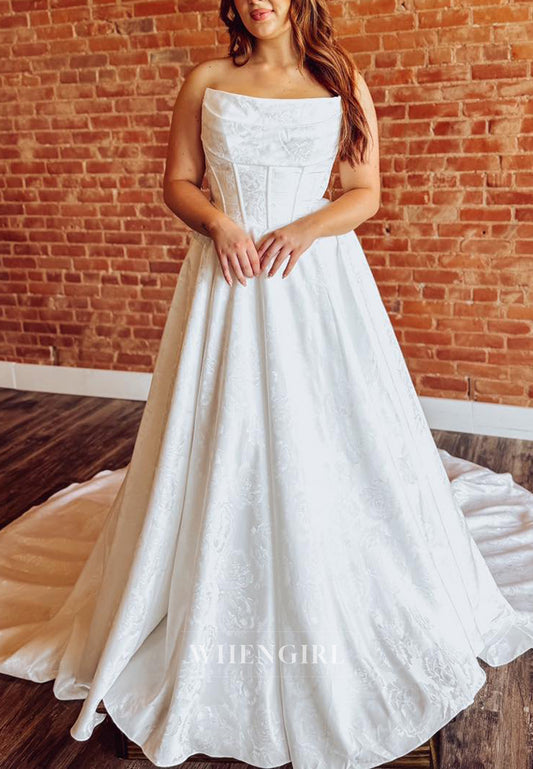 A-Line Court Train Bateau Neck Strapless Sleeveless Pleated Back Zipper Wedding Dress