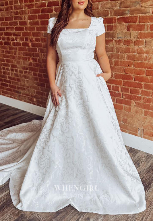 A-Line Square Neck Short Puff Sleeves Court Train Back Zipper Wedding Dress