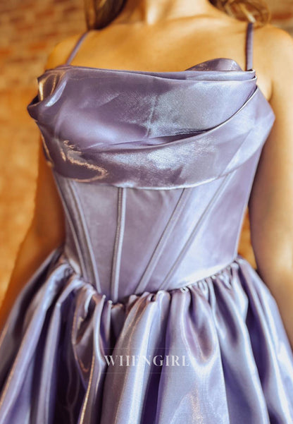 Violet A-Line Pleated Spaghetti Straps Sleeveless Lace Up Short Homecoming Dress