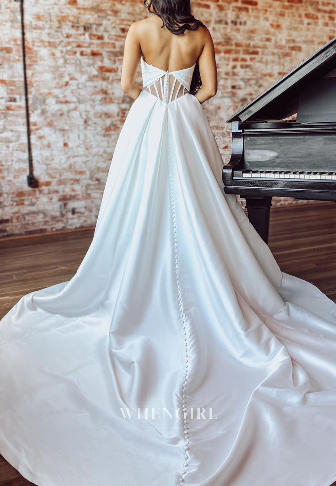 A-Line Satin Sweetheart Sleeveless Buttons Straps Wedding Dress with Court Train