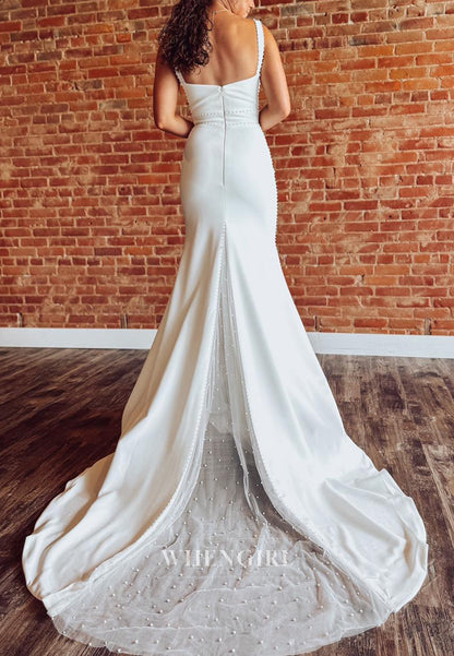 Mermaid Square Neck Beaded Sleeveless Regular Straps Sweep Train Wedding Dress