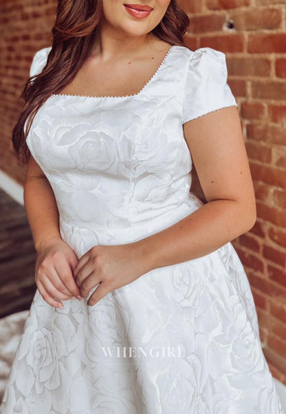 A-Line Square Neck Short Puff Sleeves Court Train Back Zipper Wedding Dress