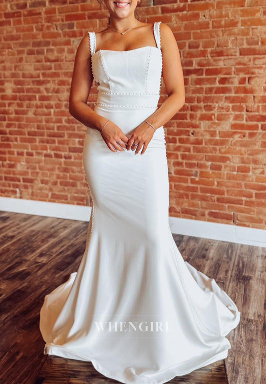 Mermaid Square Neck Beaded Sleeveless Regular Straps Sweep Train Wedding Dress