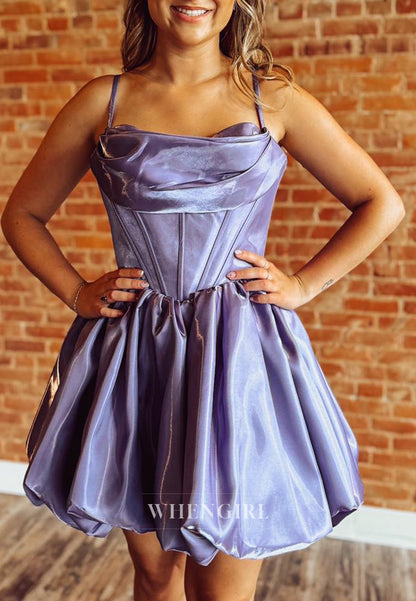 Violet A-Line Pleated Spaghetti Straps Sleeveless Lace Up Short Homecoming Dress