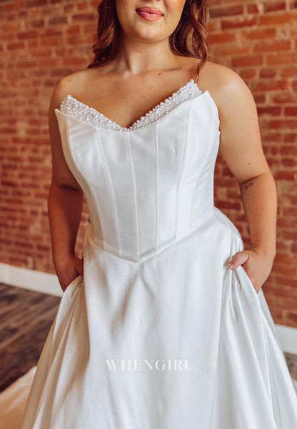 A-Line Beaded V Neck Sleeveless Court Train Back Zipper Wedding Dress