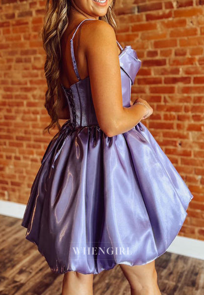 Violet A-Line Pleated Spaghetti Straps Sleeveless Lace Up Short Homecoming Dress