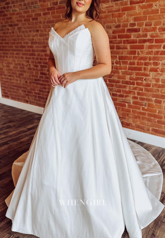 A-Line Beaded V Neck Sleeveless Court Train Back Zipper Wedding Dress