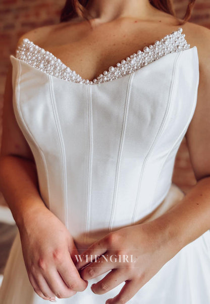 A-Line Beaded V Neck Sleeveless Court Train Back Zipper Wedding Dress