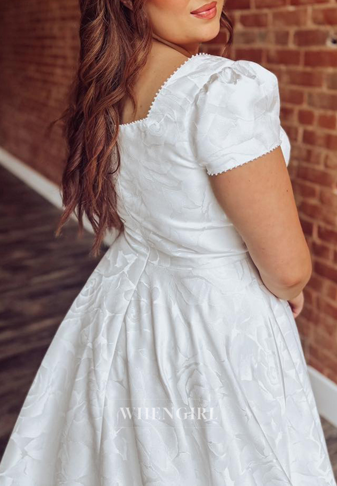 A-Line Square Neck Short Puff Sleeves Court Train Back Zipper Wedding Dress