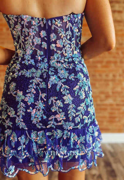 Blue Sweetheart Sequins Sleeveless Back Zipper Sheath Short Homecoming Dress