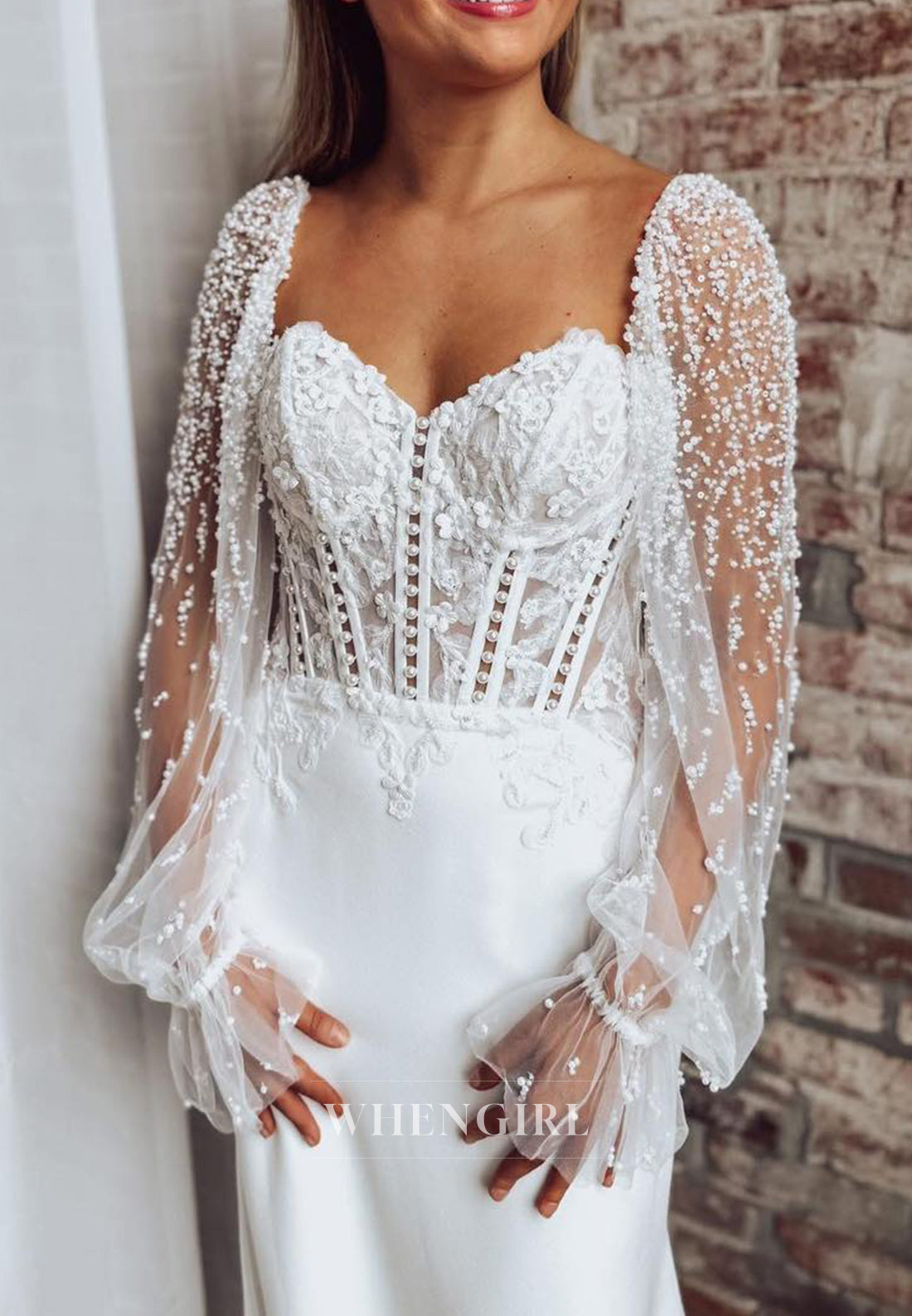 Column Sweetheart Appliqued Court Train Beaded Long Sleeves Wedding Dress