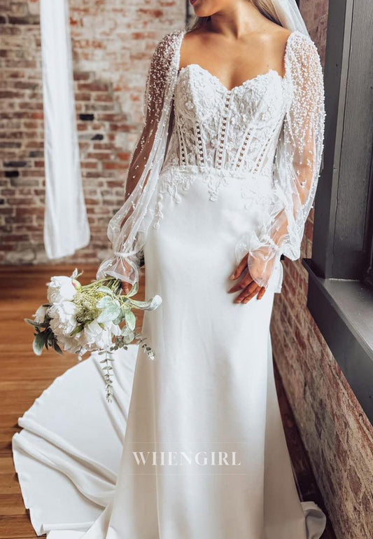 Column Sweetheart Appliqued Court Train Beaded Long Sleeves Wedding Dress