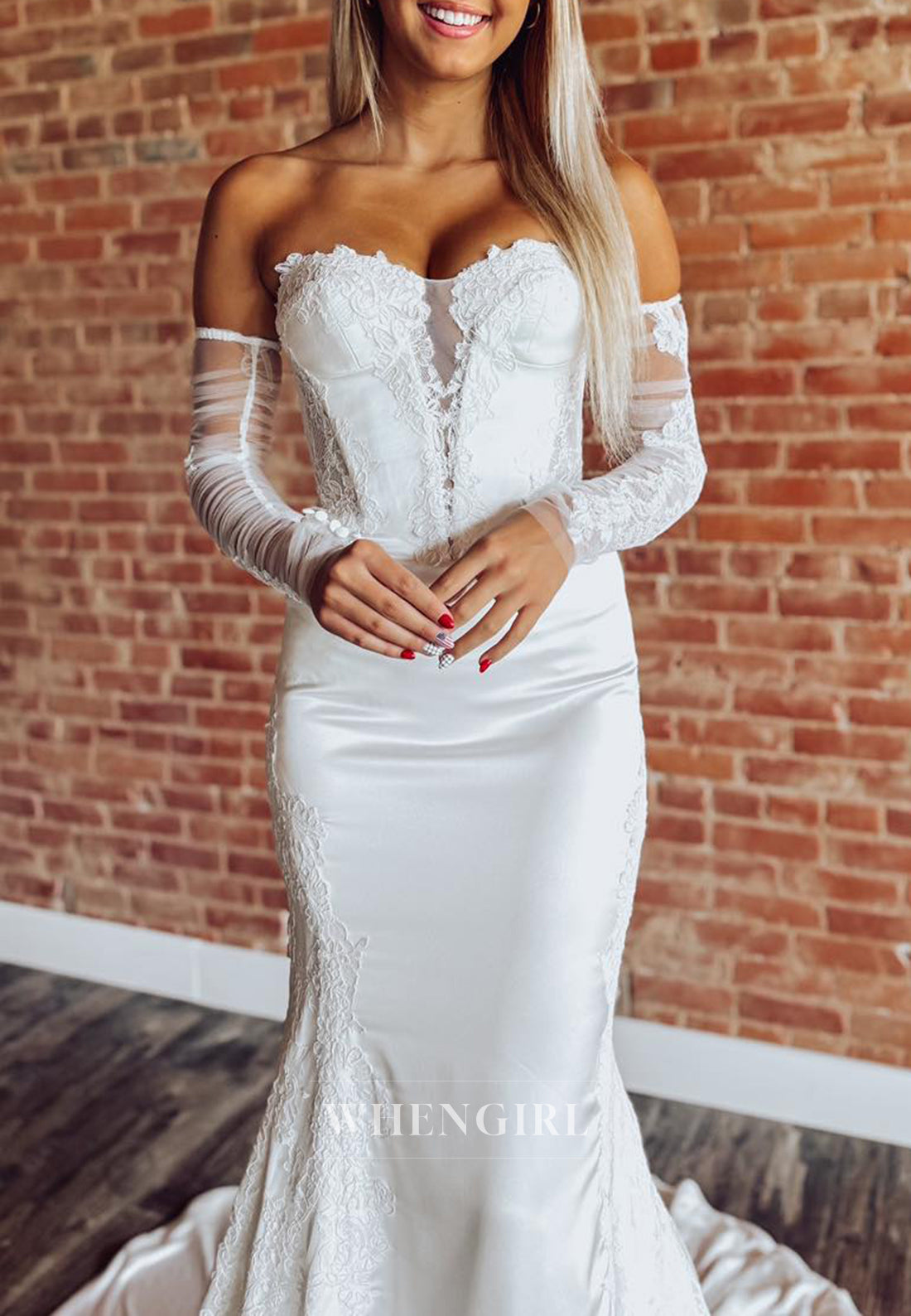 Mermaid Sweetheart Appliqued Lace Court Train Long Sleeves Wedding Dress