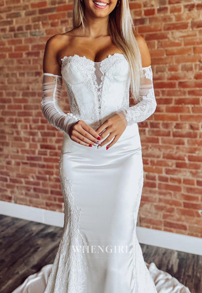 Mermaid Sweetheart Appliqued Lace Court Train Long Sleeves Wedding Dress