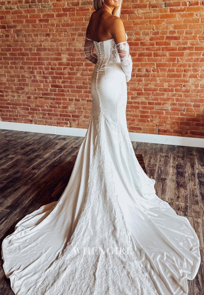 Mermaid Sweetheart Appliqued Lace Court Train Long Sleeves Wedding Dress