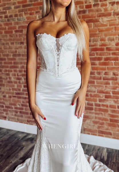 Mermaid Sweetheart Appliqued Lace Court Train Long Sleeves Wedding Dress