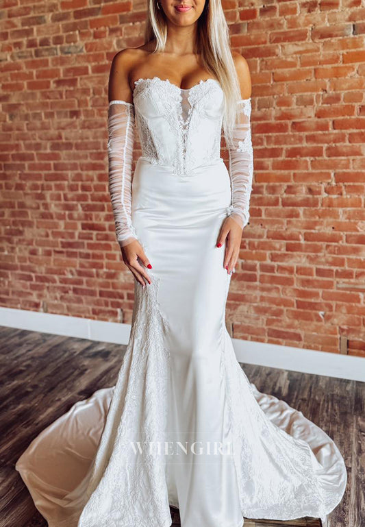 Mermaid Sweetheart Appliqued Lace Court Train Long Sleeves Wedding Dress