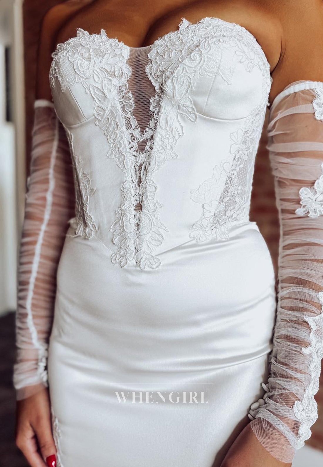 Mermaid Sweetheart Appliqued Lace Court Train Long Sleeves Wedding Dress
