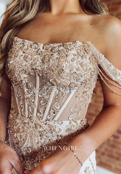 Beige Off Shoulder Back Zipper Beaded Sheath Short Homecoming Dress