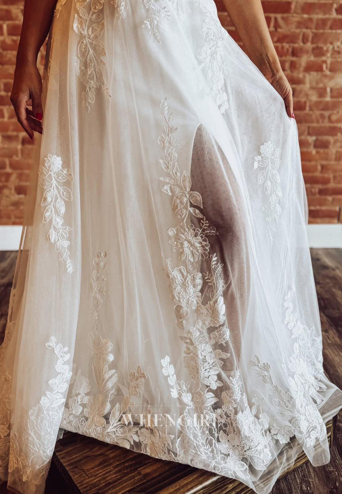 V Neck Sleeveless A-Line Appliqued Lace Sweep Train Wedding Dress