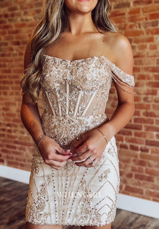 Beige Off Shoulder Back Zipper Beaded Sheath Short Homecoming Dress