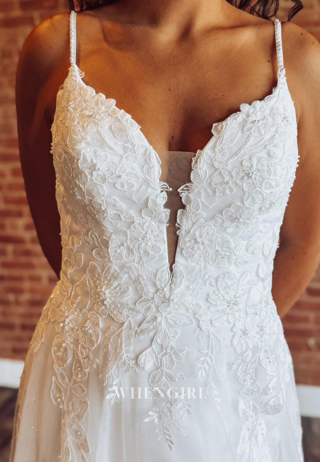 V Neck Sleeveless A-Line Appliqued Lace Sweep Train Wedding Dress