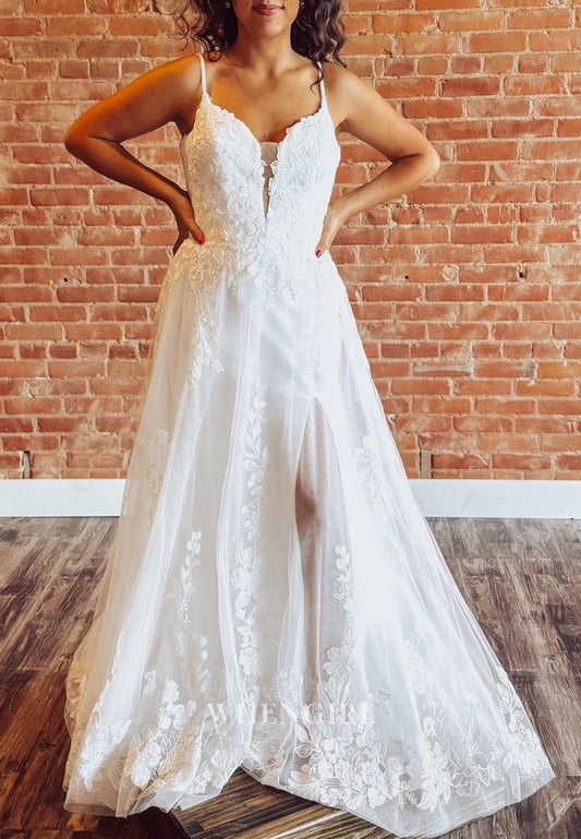 V Neck Sleeveless A-Line Appliqued Lace Sweep Train Wedding Dress